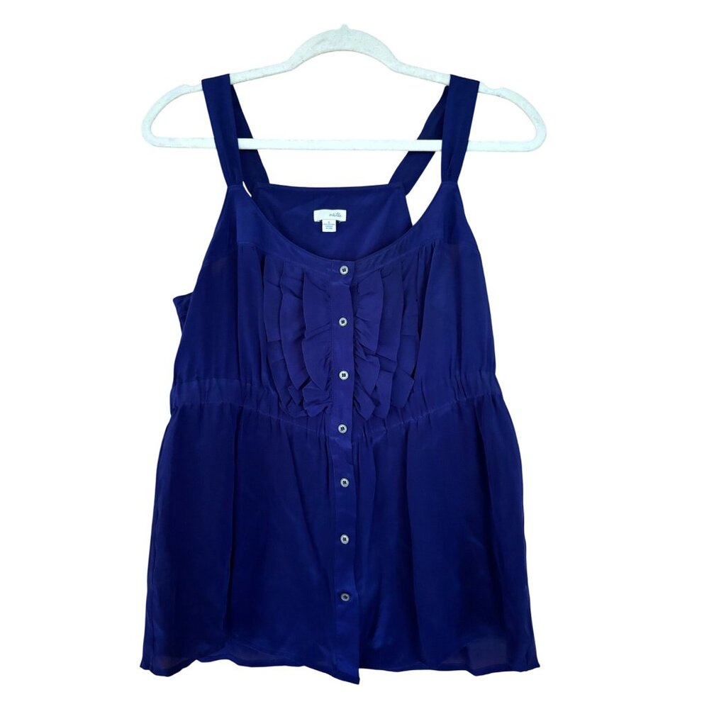 Anthropologie Odille Navy Silk Button-Front Tank Top With Ruffle Detail Size 6